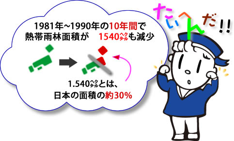 1981年～1990年の10年間で　熱帯雨林面積が　1540㌶も減少